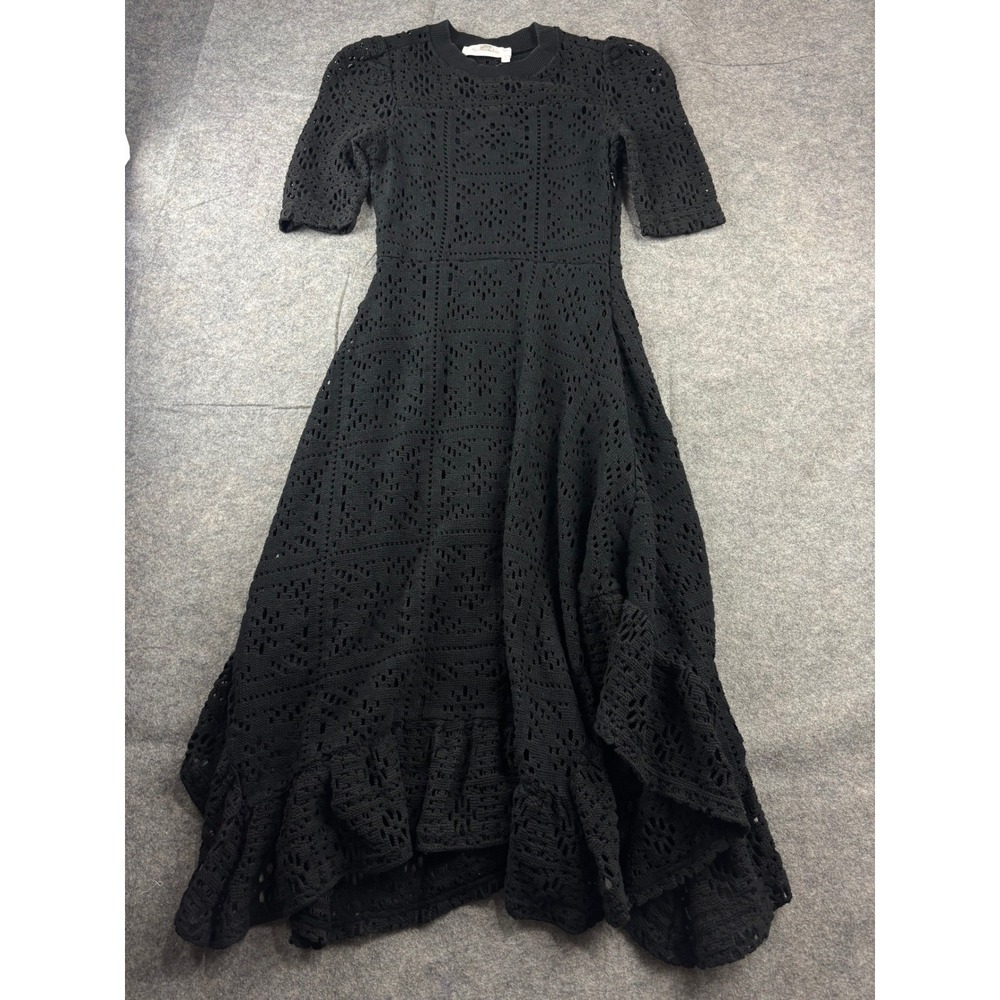 See by Chloe Black Crochet Ruffle Midi Dress Western Fairy Whimsygoth Women's XS